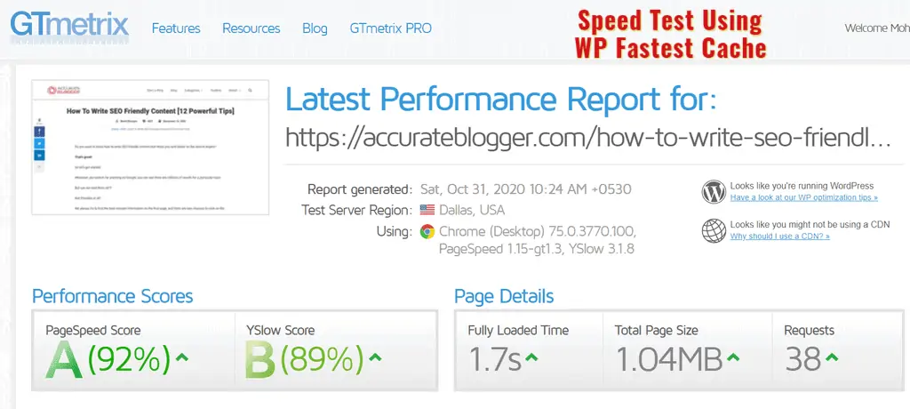 Speed Test Using WP Fastest Cache