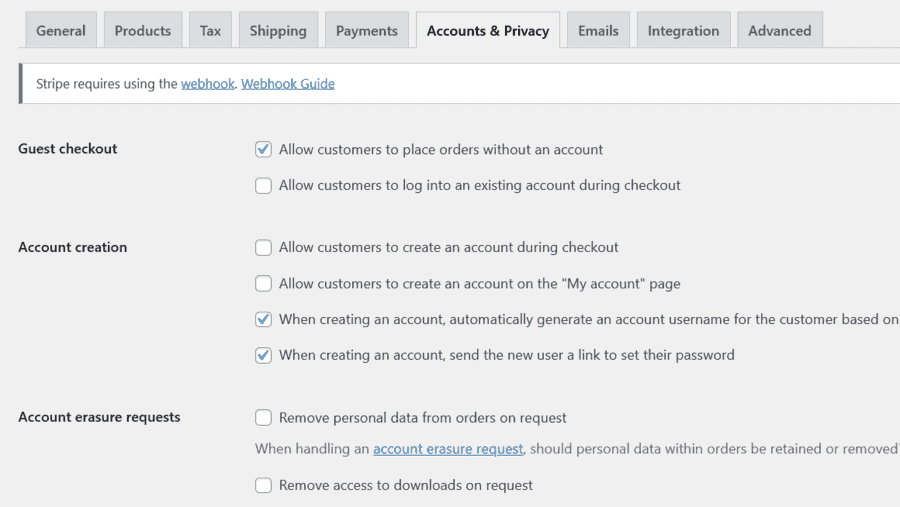 Setup Accounts and Privacy settings in WooCommerce